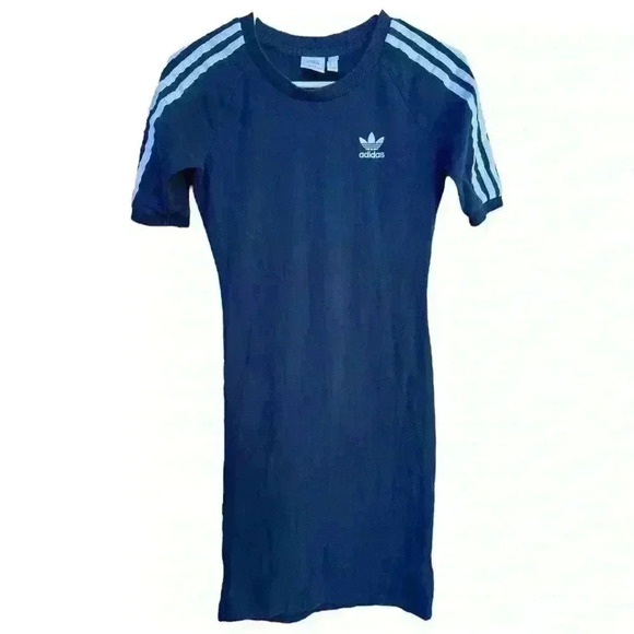 Adidas Originals 3 Stripe Bodycon Stretch Tee Shirt Dress Navy Size Small - Picture 4 of 11